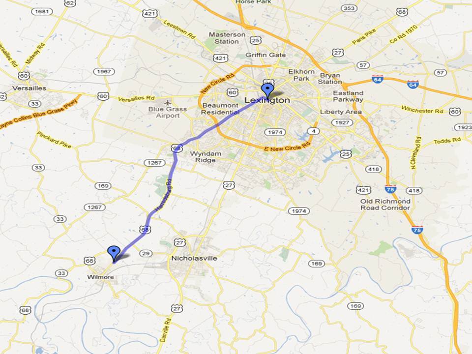 Map depicting route from Lexington, KY to Thomas-Hood Veterans' Center